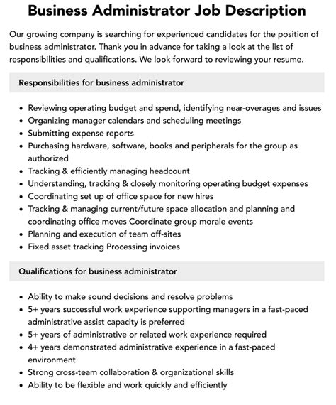 Business And Administration Job Description