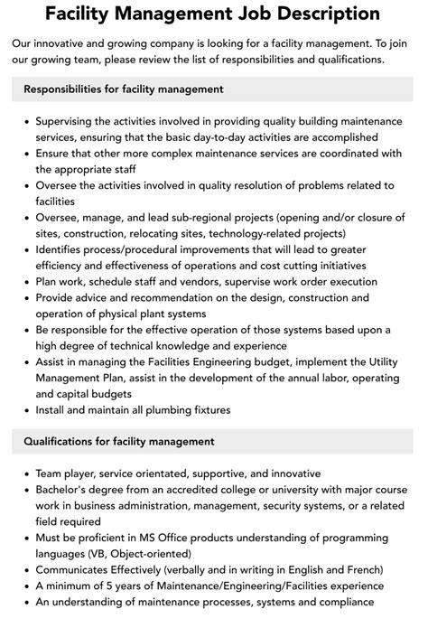 Job Description Facility Manager