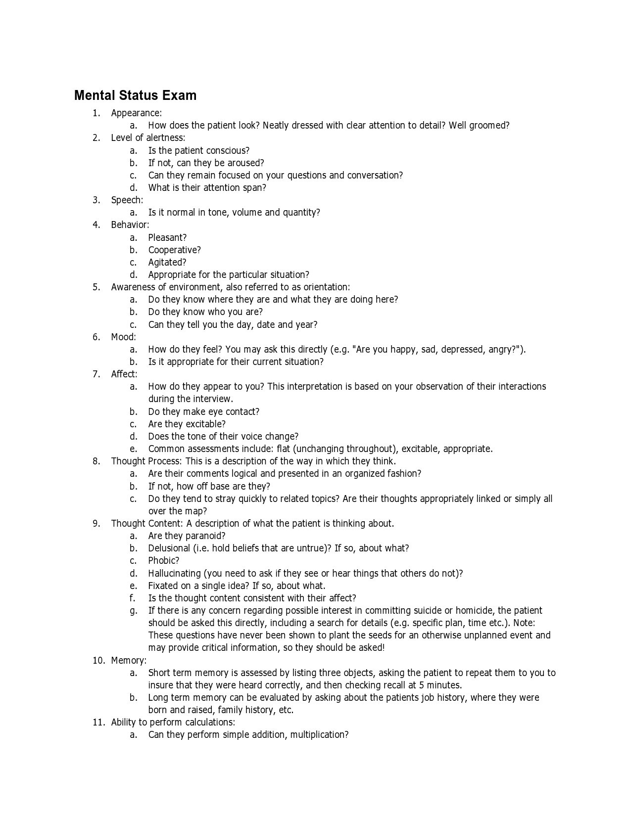 Mental Health Status Exam Template